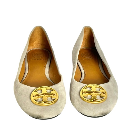 TORY BURCH Benton 2 Suede Ballet Flats Gray Taupe Gold Logo Slip On Shoes Sz 7 - Picture 2 of 8